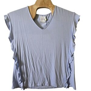 LYSSE Womens Short Sleeve V Neck Ruffle‎ Top Light Blue Size L